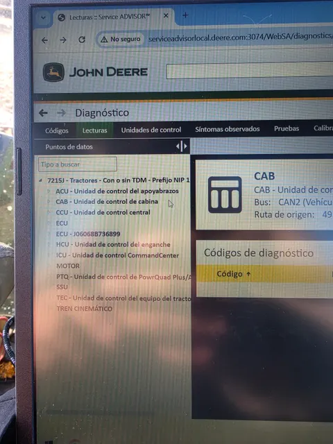 Pantalla del programa de diagnóstico John Deere durante la práctica